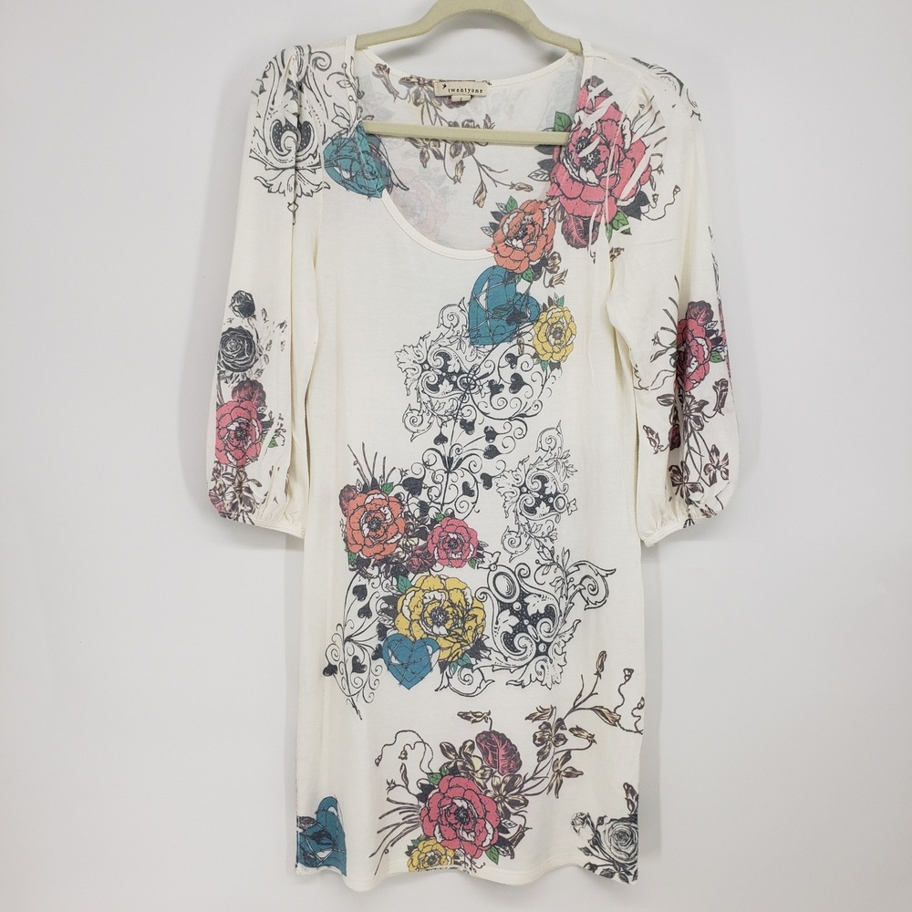 Y2K Forever 21 Floral Heart Tattoo Print Knit Mini Dress Size L Cream 3/4 Sleeve